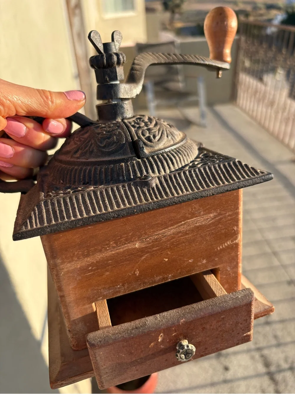 Vintage Wooden hand crank coffee grinder cast iron Rustic farmhouse decor